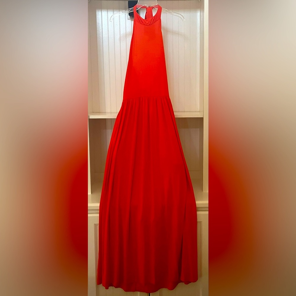 VENUS Bright Tangerine-Colored Halter Maxi Dress w Pockets Ties at Neck Backless - Picture 7 of 14